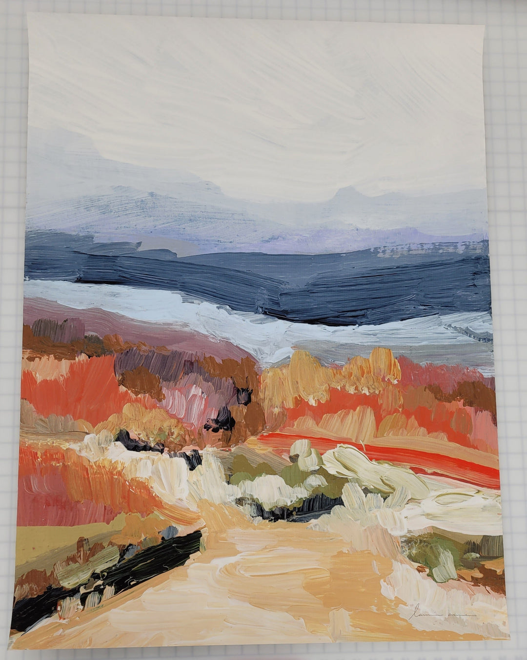 Abstract landscape painting of hills and sky.