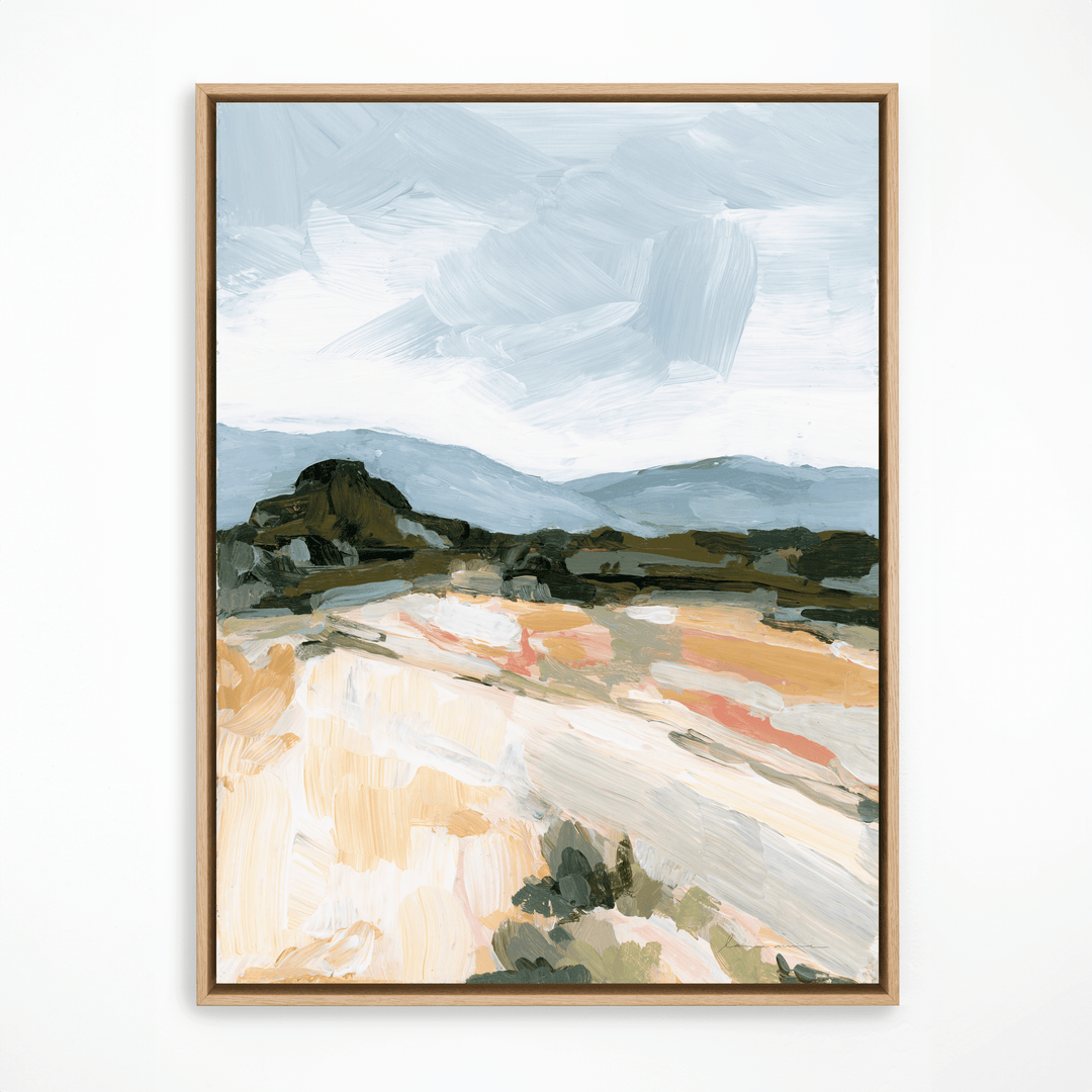 Blue desert landscape painting in natural wood frame