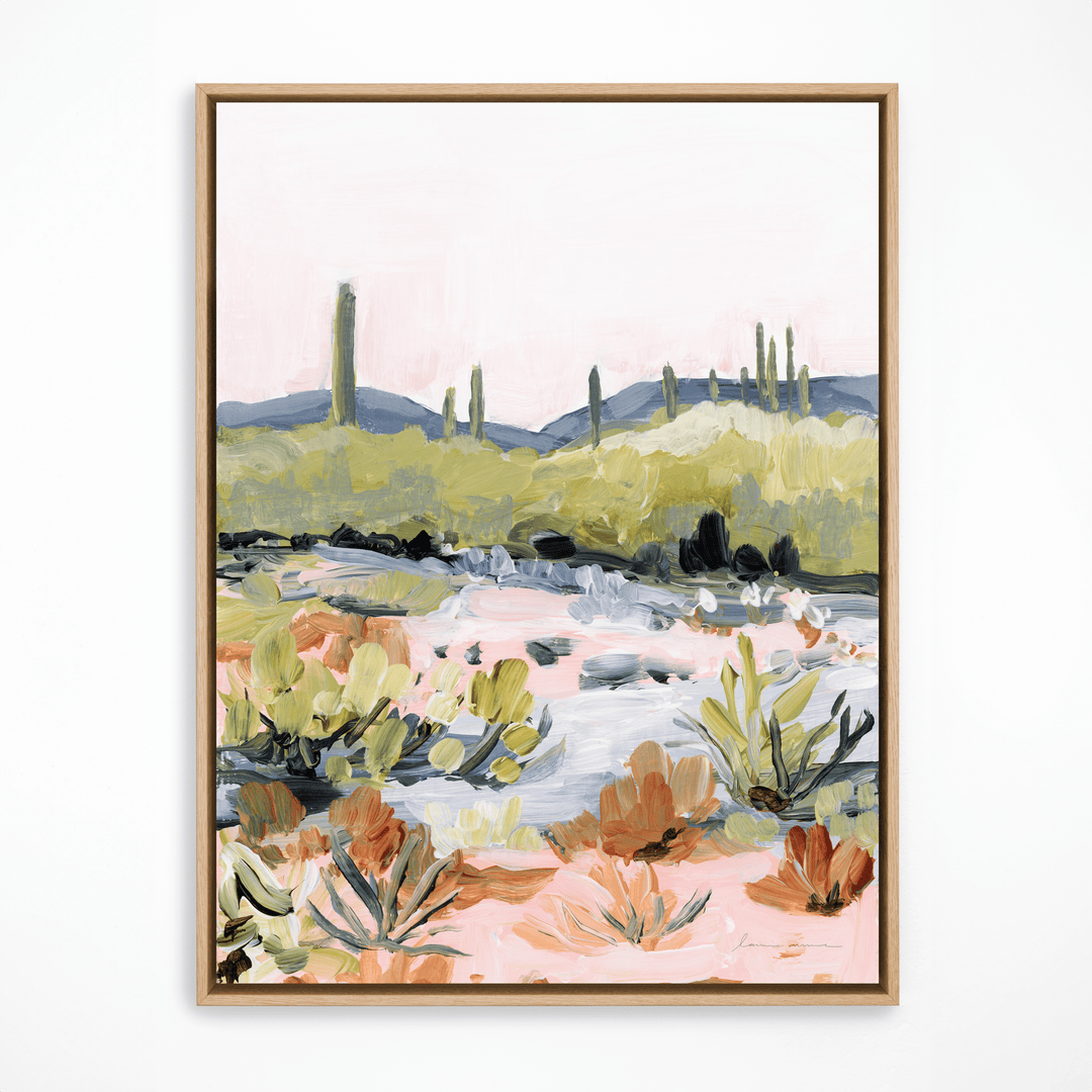 Bright desert landscape painting in natural frame