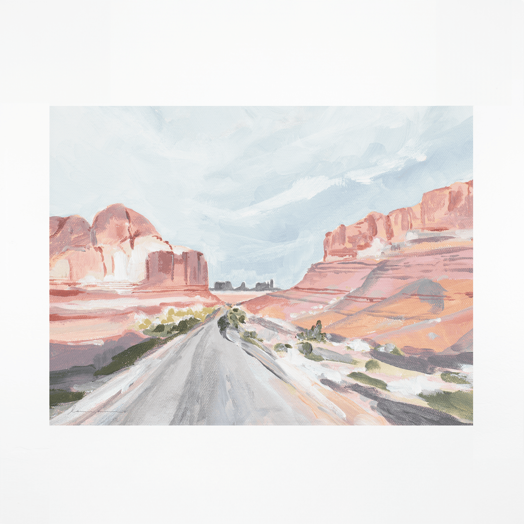 Scenic landscape with road and red rock formations