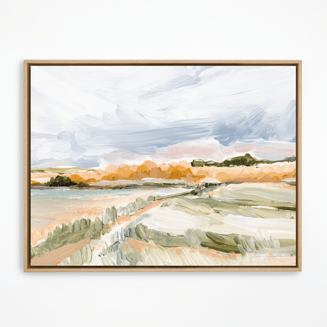 Cloudy Cape landscape painting in a natural wood frame.