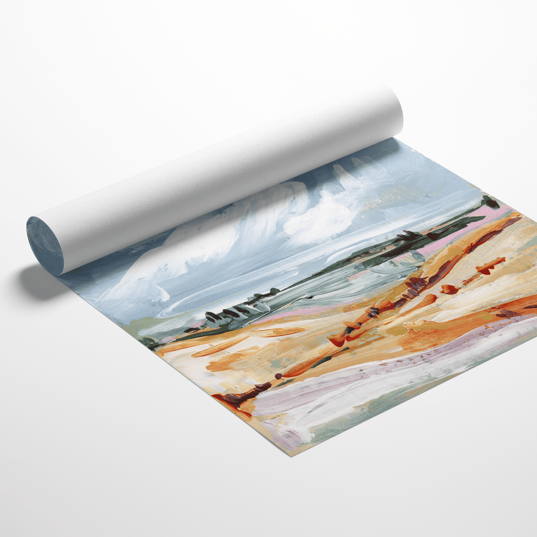 Colorful landscape painting of a beach scene.