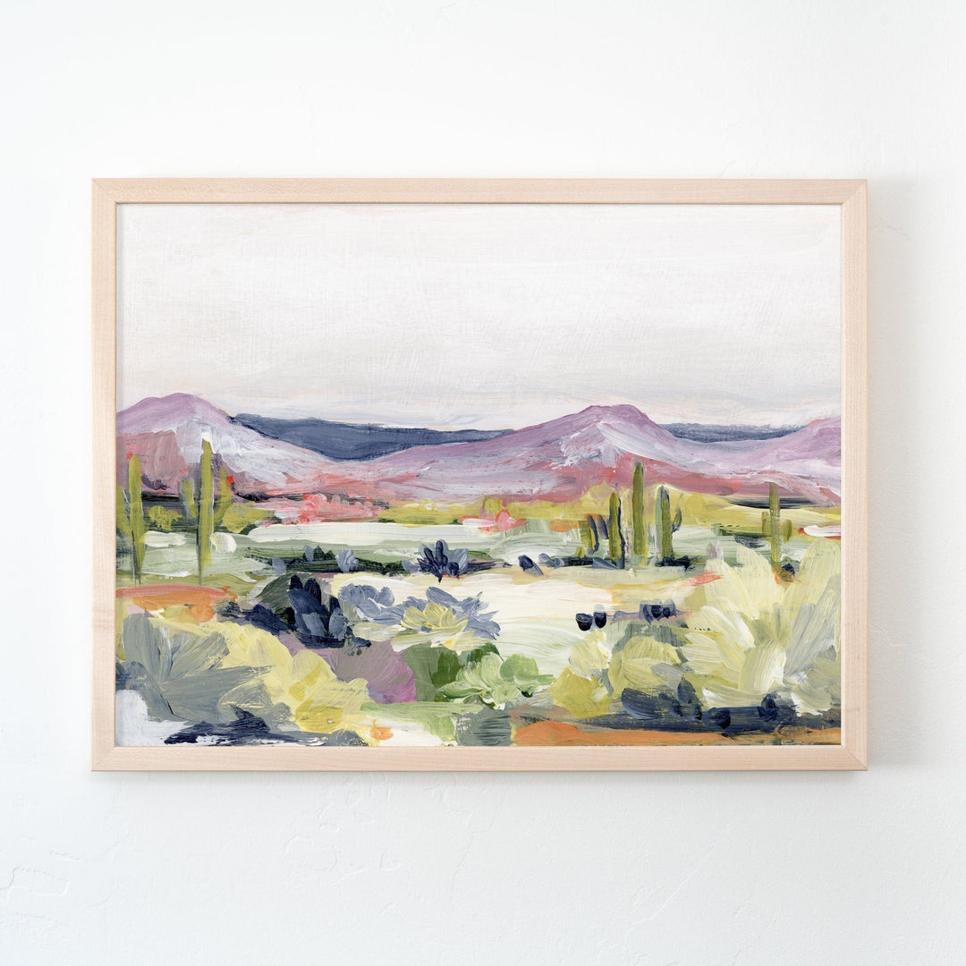 Desert flora painting with mountains and cacti.