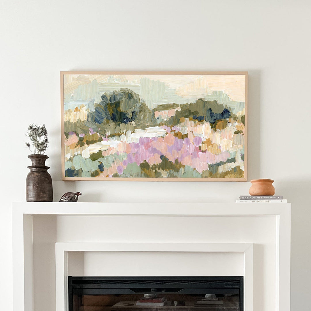 End-of-Summer fireplace setup with landscape painting