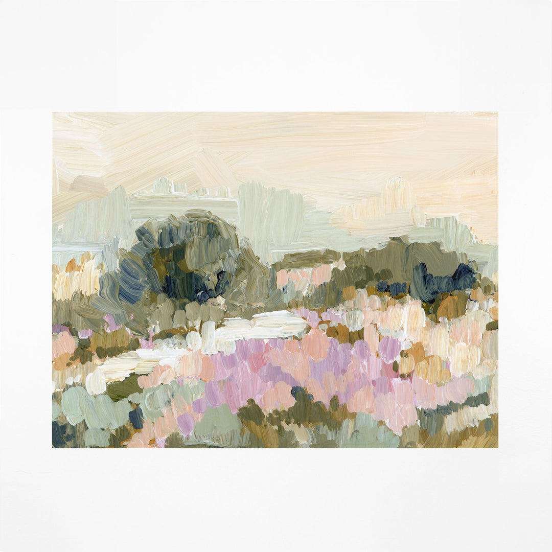 End-of-Summer landscape painting print with lavender and green hues.