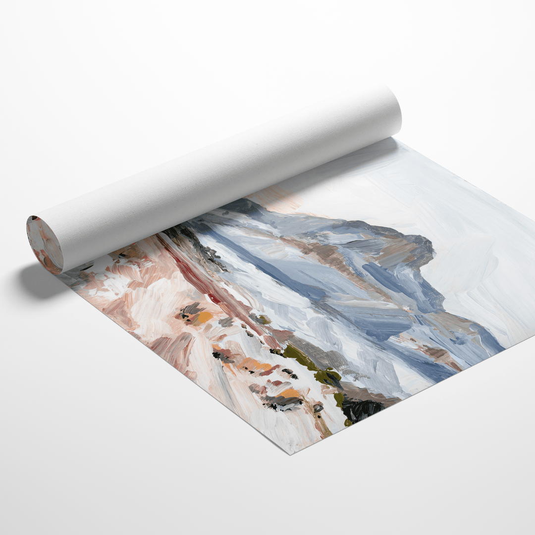 Rolled canvas art print of a mountain landscape.