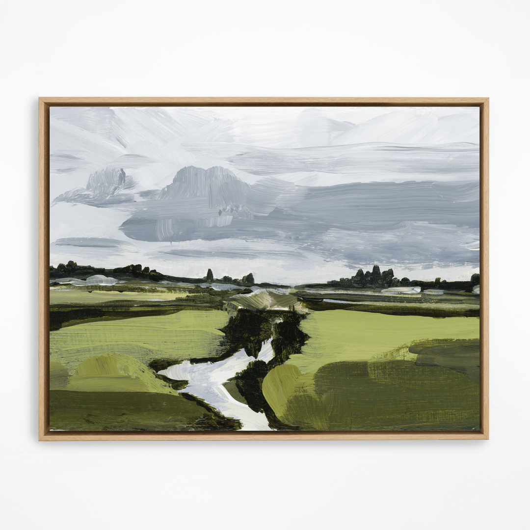 Foggy countryside painting in natural frame