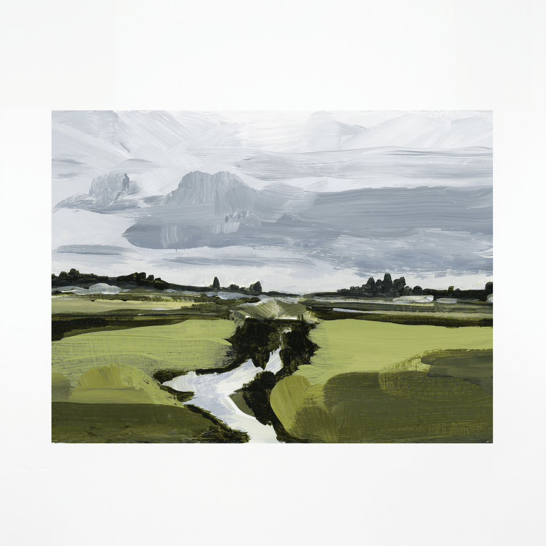 Abstract landscape painting with river and fields.