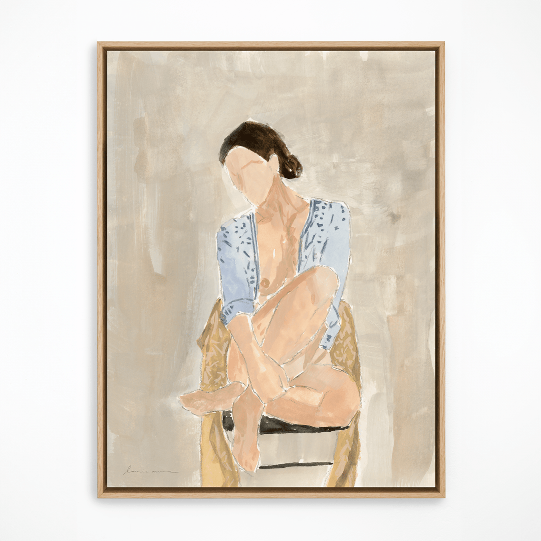 Girl in blue shirt painting, natural frame.