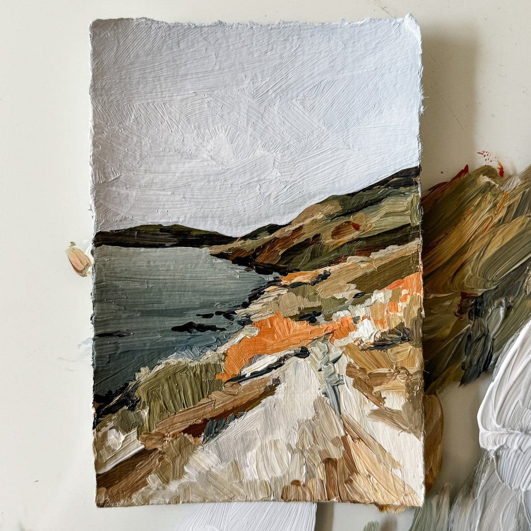 Oil painting of a coastal landscape.