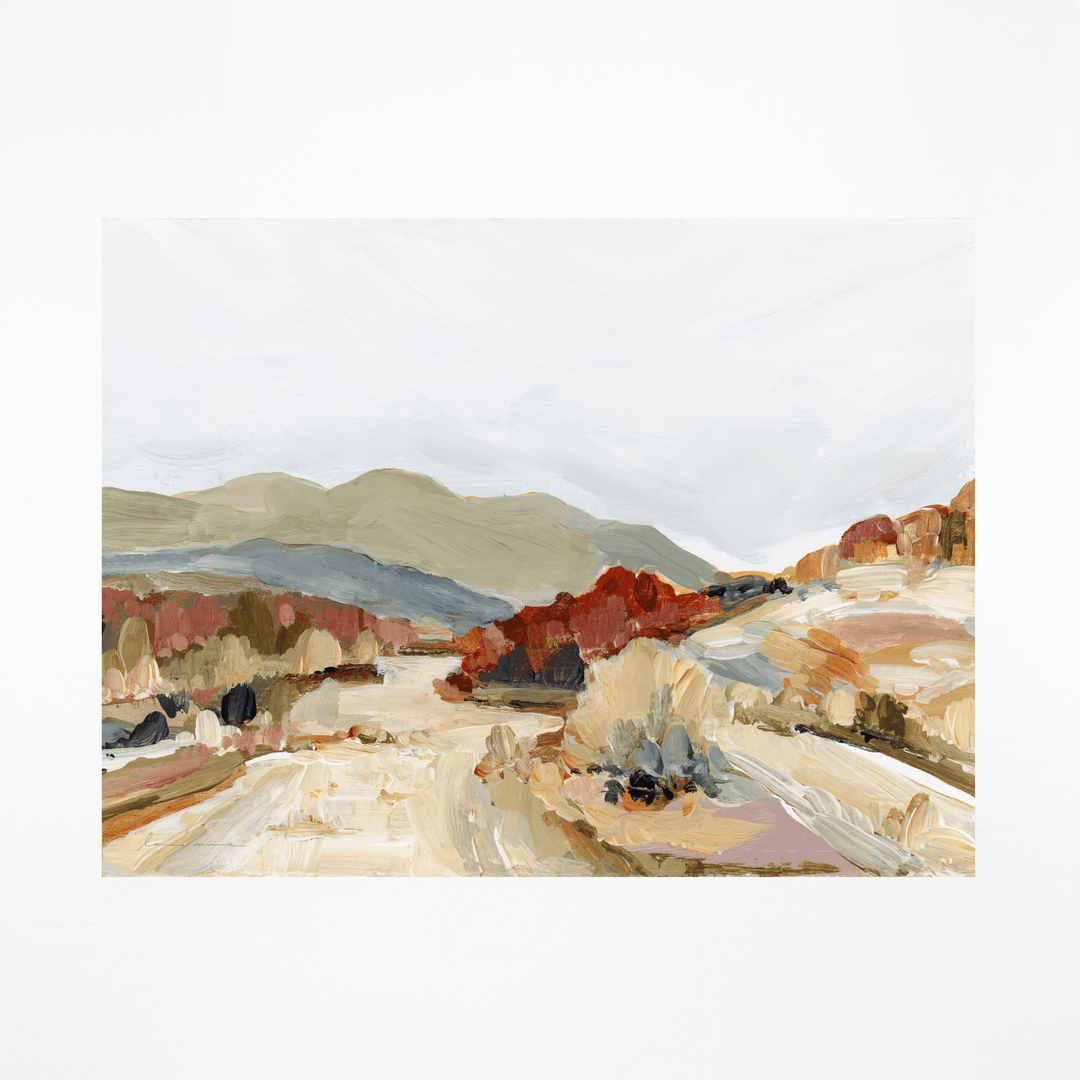 Landscape painting of mountains and riverbed