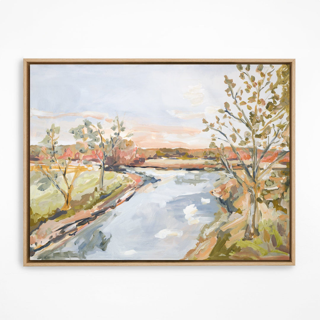 Maine river painting in natural frame