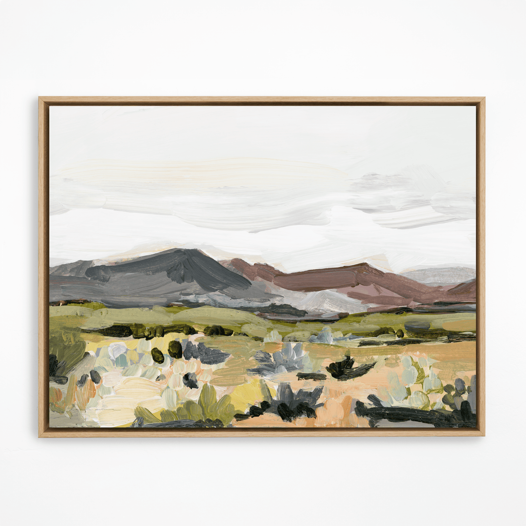 Mauve desert landscape painting in natural frame