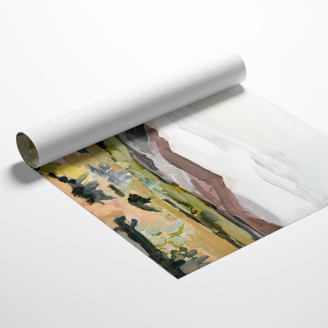 Rolled canvas print of a mauve desert landscape.
