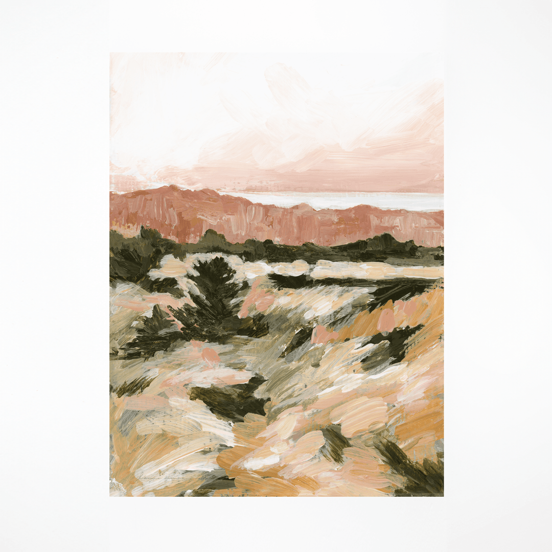 Ochre Coast landscape print, featuring hills and grassy foreground.