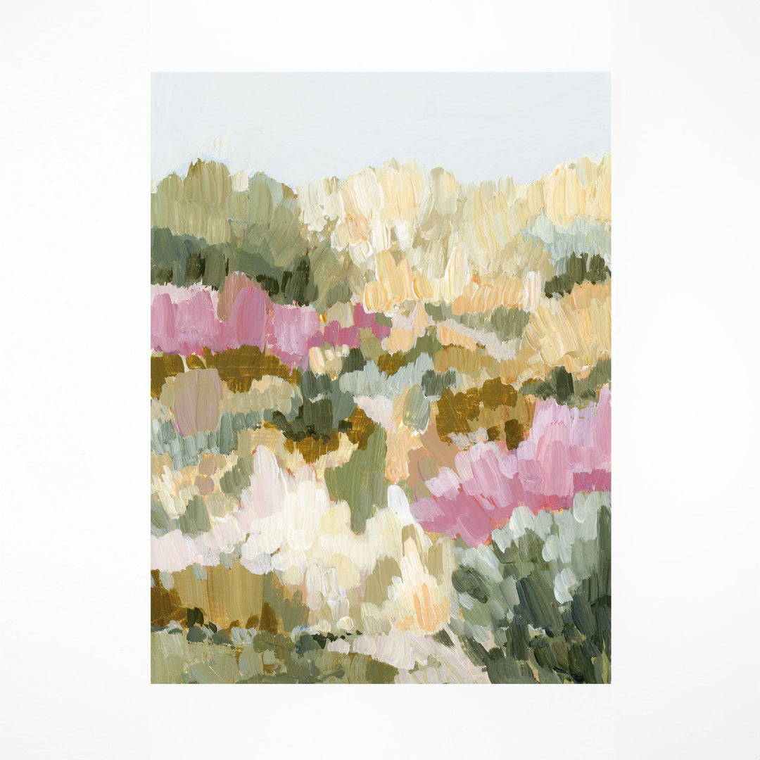 abstract landscape painting with pink and green hues.