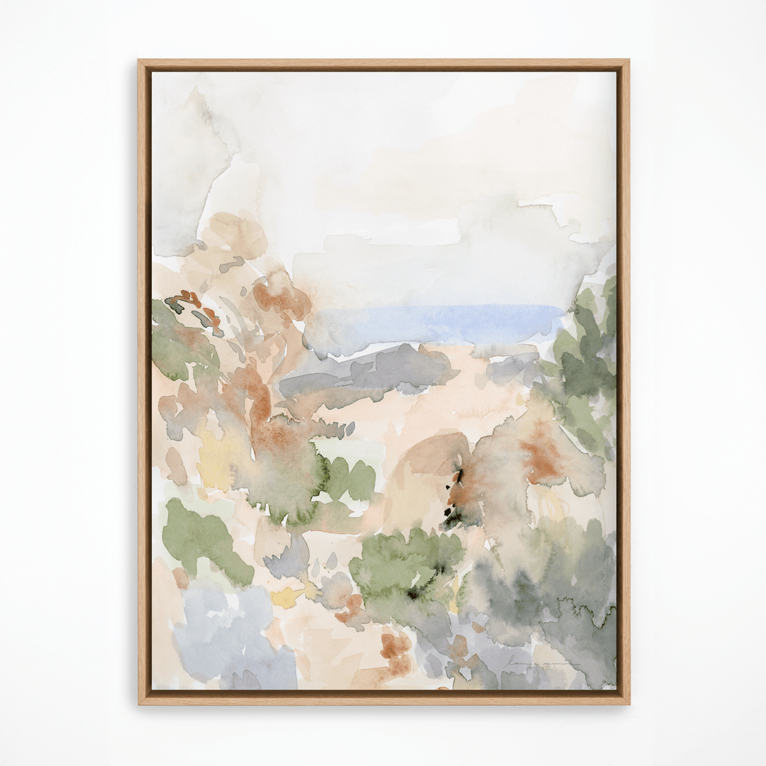 Pastel watercolor landscape painting in natural wood frame