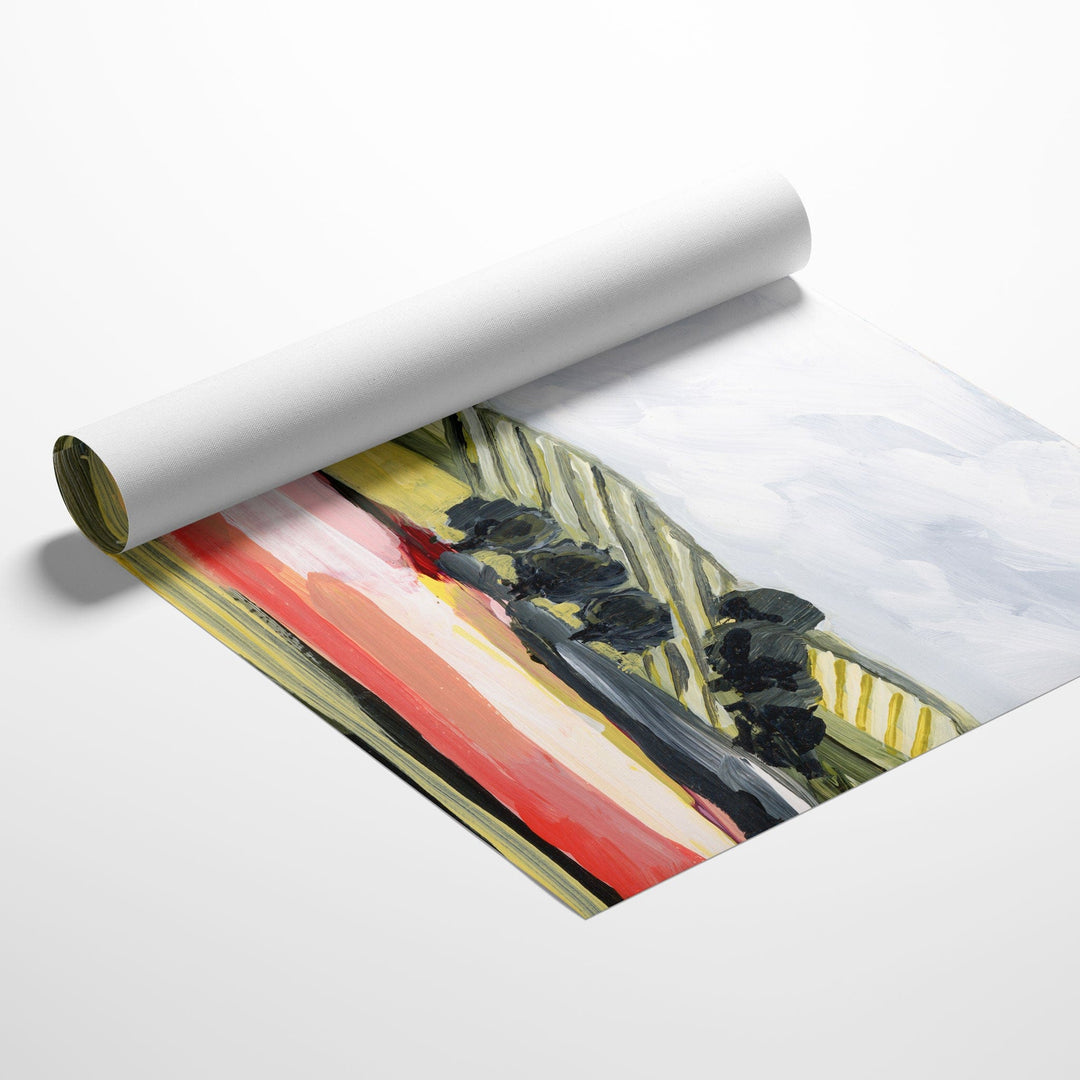 Red fields painting on rolled canvas
