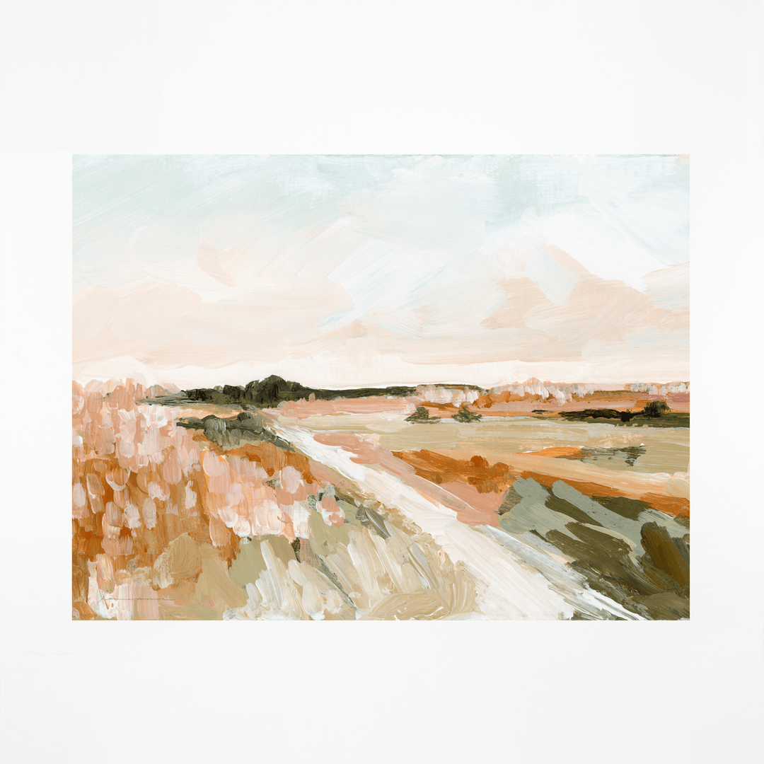 abstract landscape painting of fields and sky.