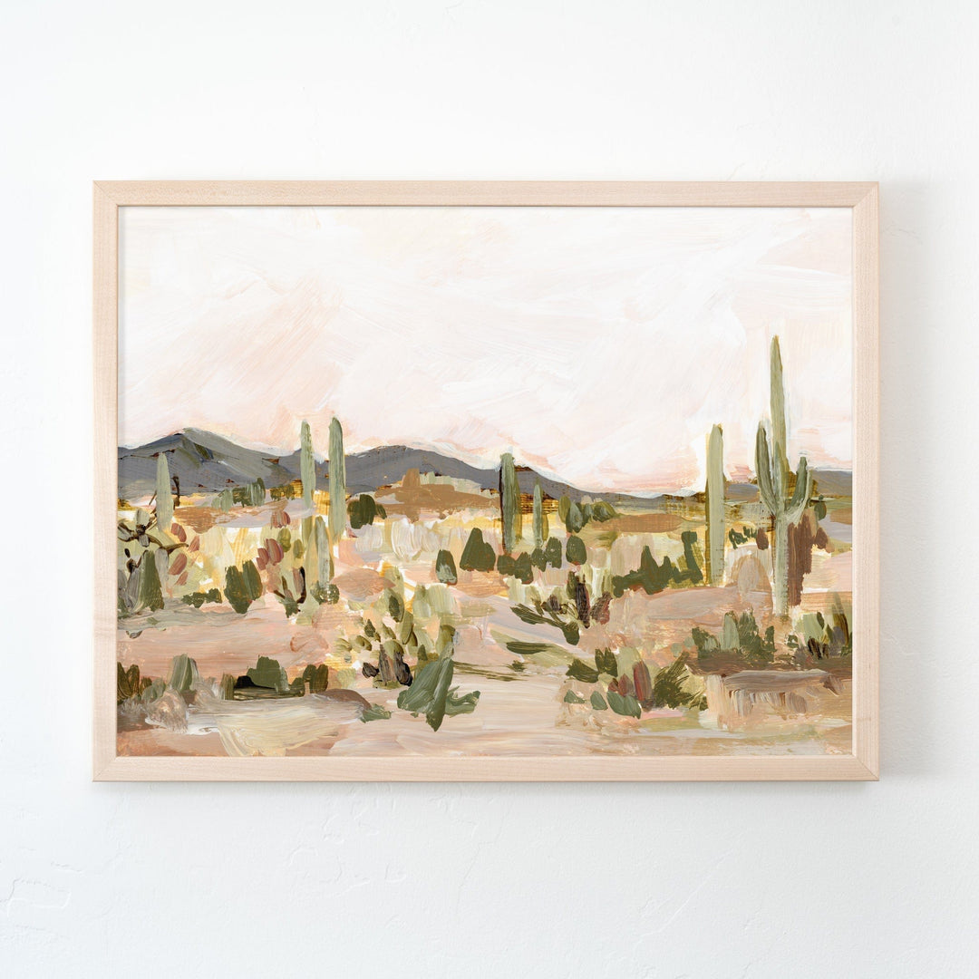 Saguaro cactus painting in frame, desert landscape art