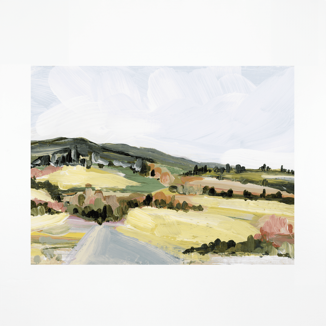 Tuscany landscape print, painted hills and fields.