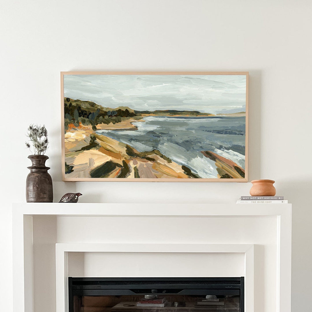Acadia coastal landscape painting over fireplace