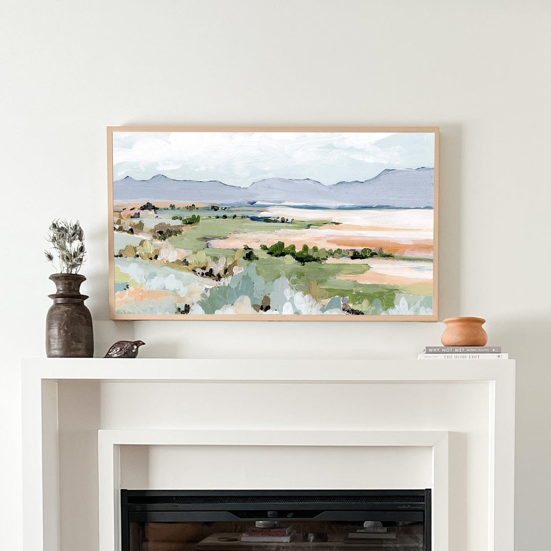 Antelope Island landscape art above fireplace