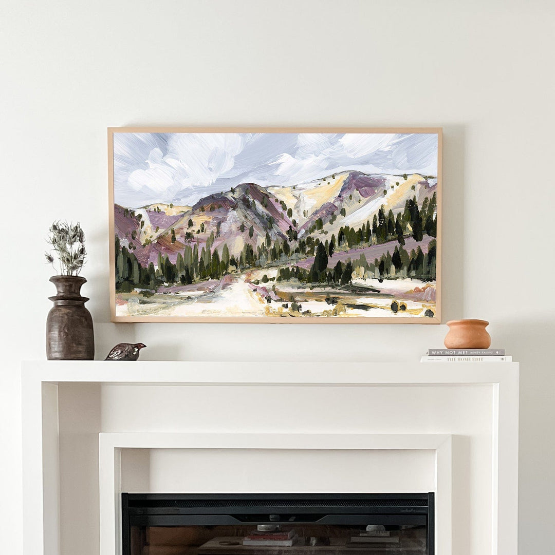 Big Cottonwood mountain painting above fireplace