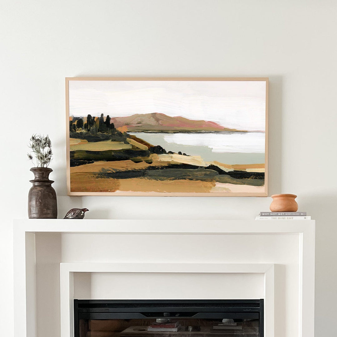 Forest lake painting on mantel
