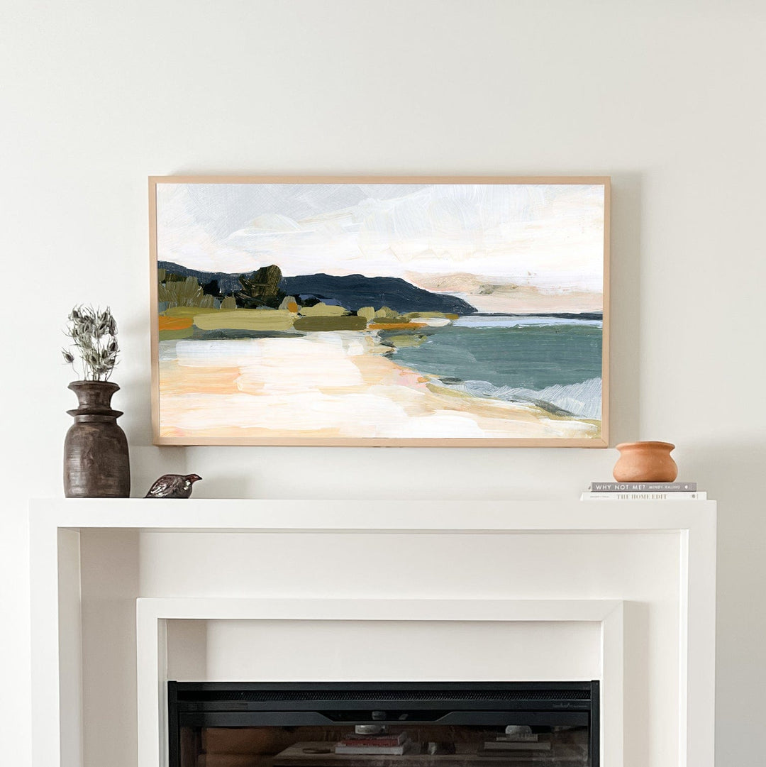 Northshore fireplace with coastal landscape art