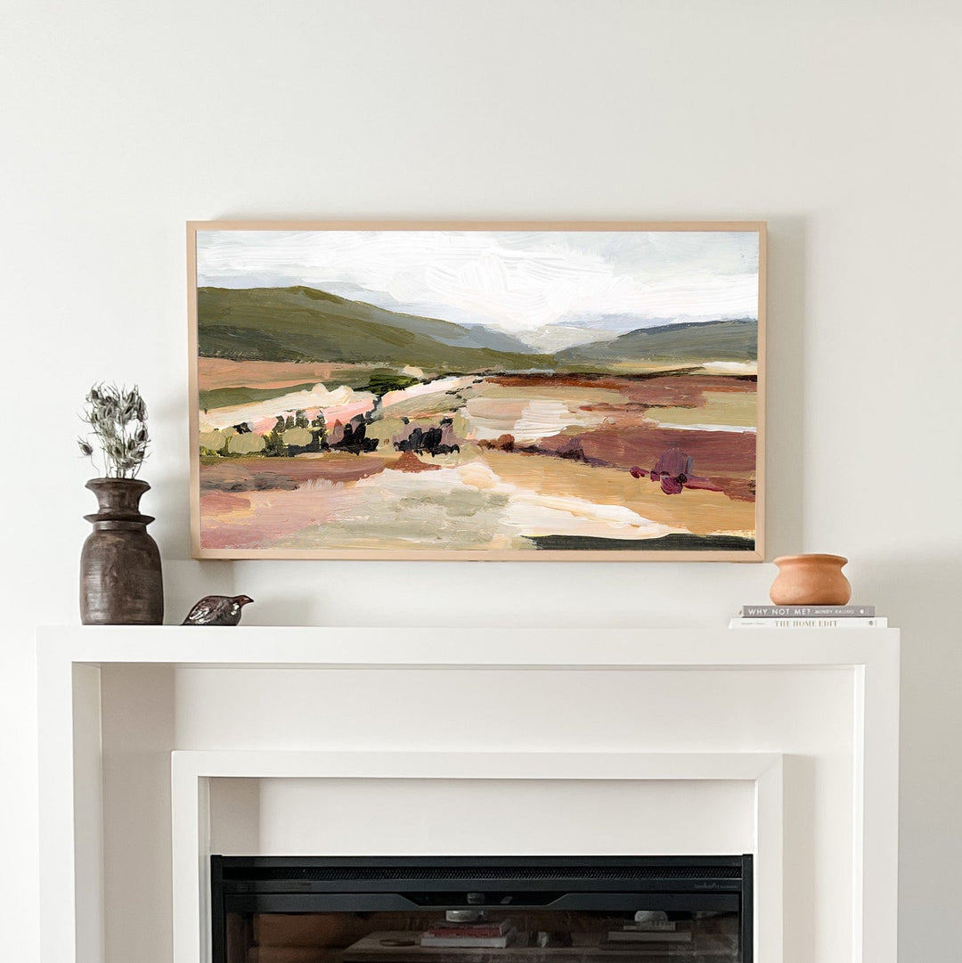 Olive Hills fireplace setup with landscape painting