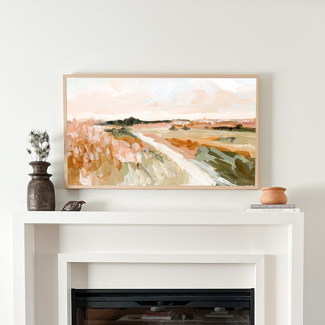 Reeds fireplace setup with landscape painting