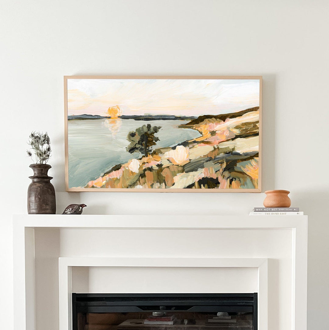 San Juan Island art print over fireplace