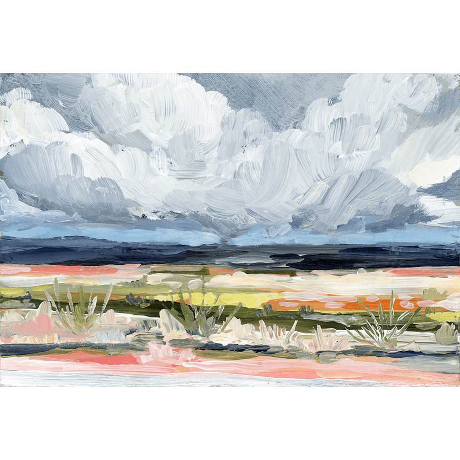 Super bloom landscape painting with dramatic clouds.