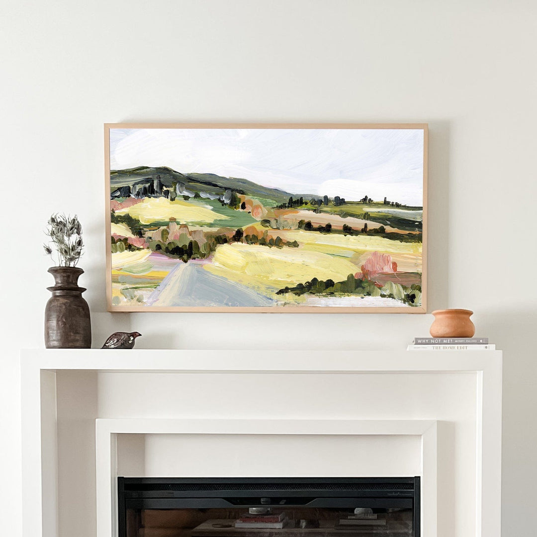 Tuscany landscape painting above fireplace