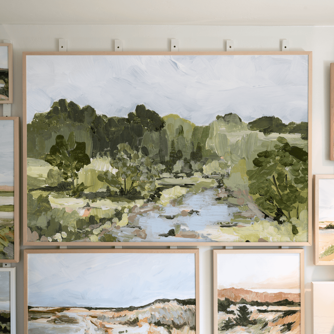 Countryside creek painting with trees and water