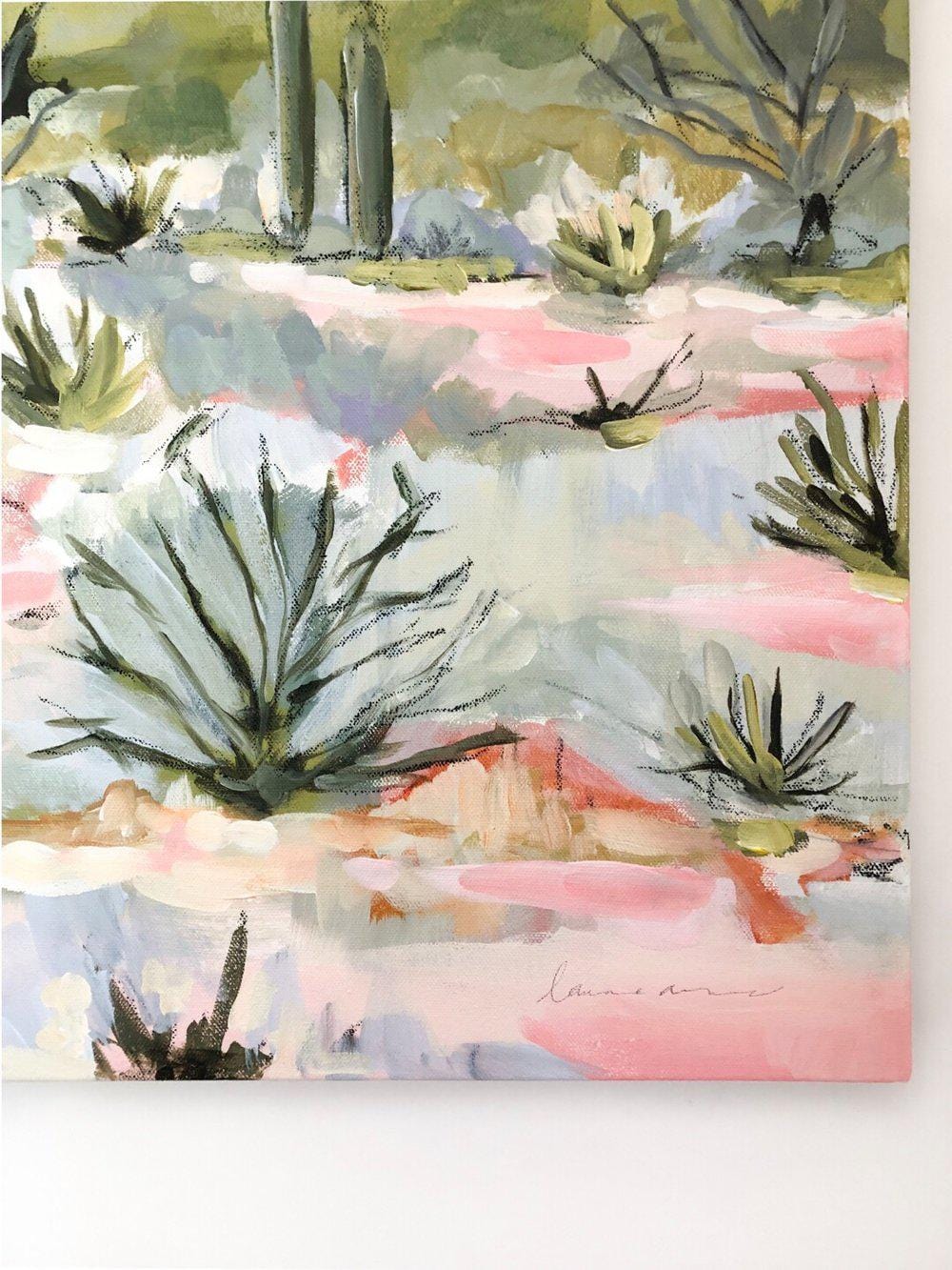 Abstract painting of desert plants and landscape.