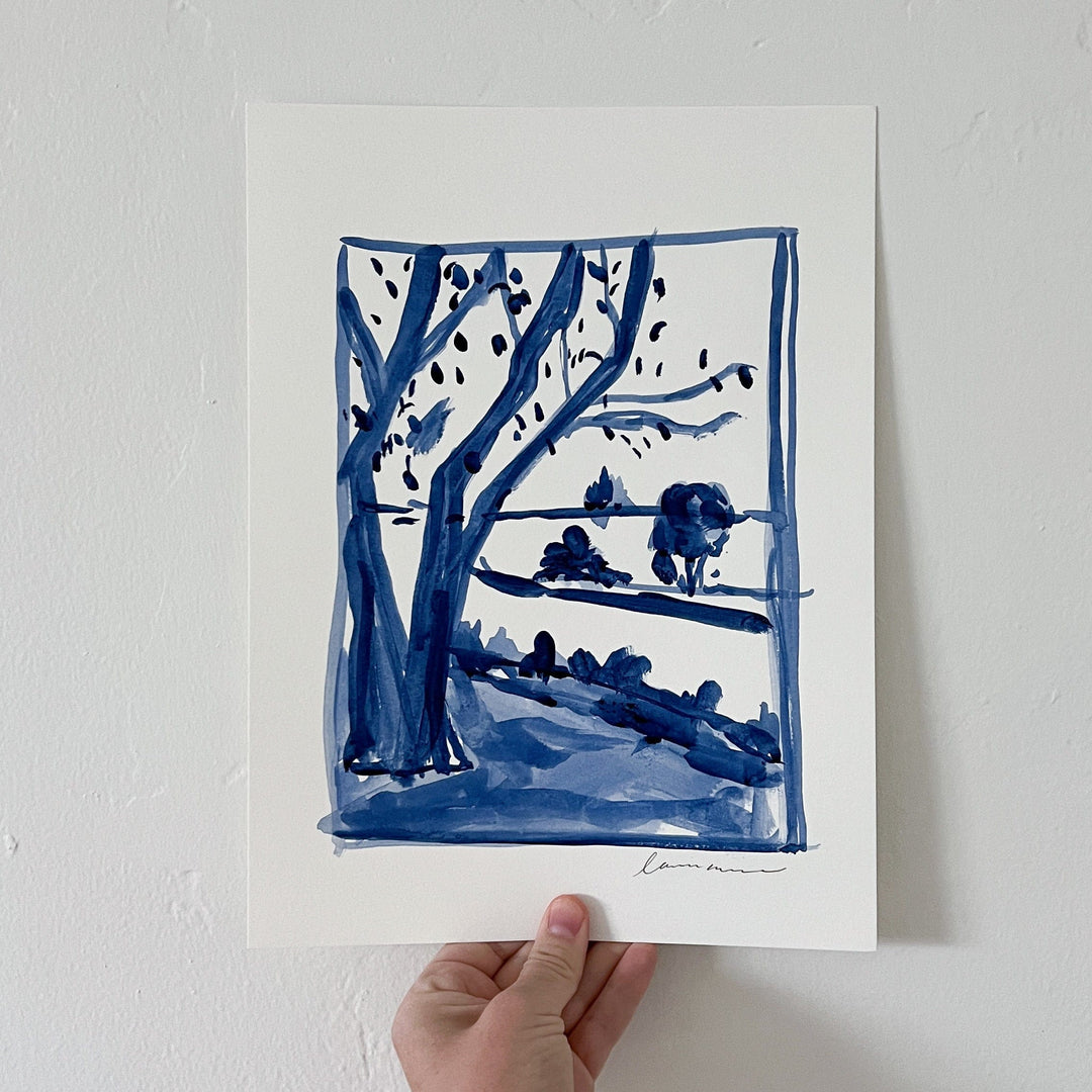 Blue ink painting of a tree and landscape.