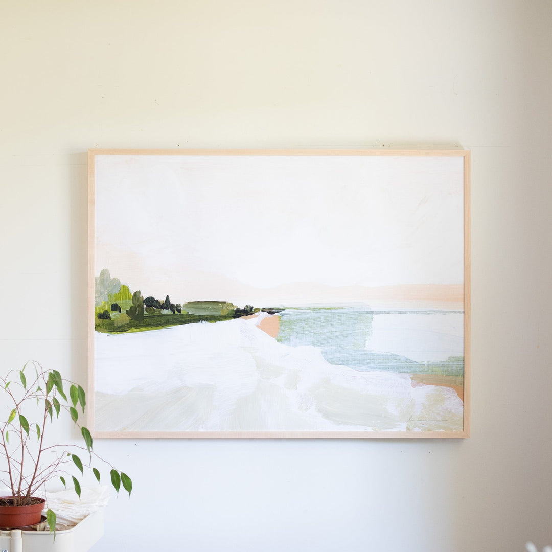 Painting of a landscape with a beach and trees.