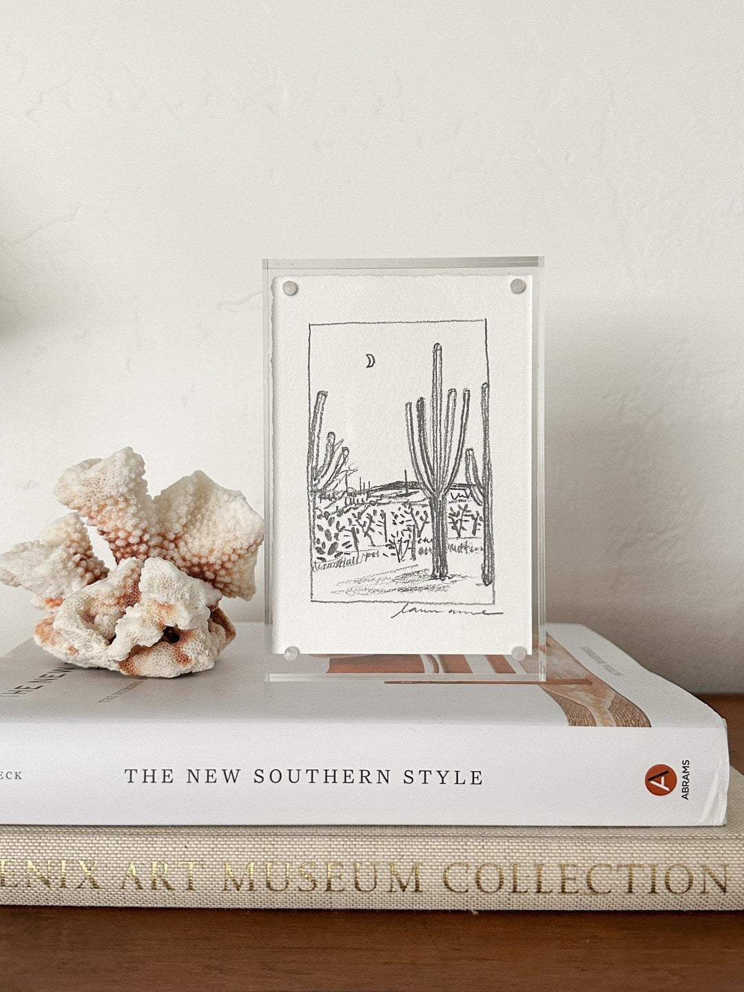 Drawing of cacti on a stack of books.