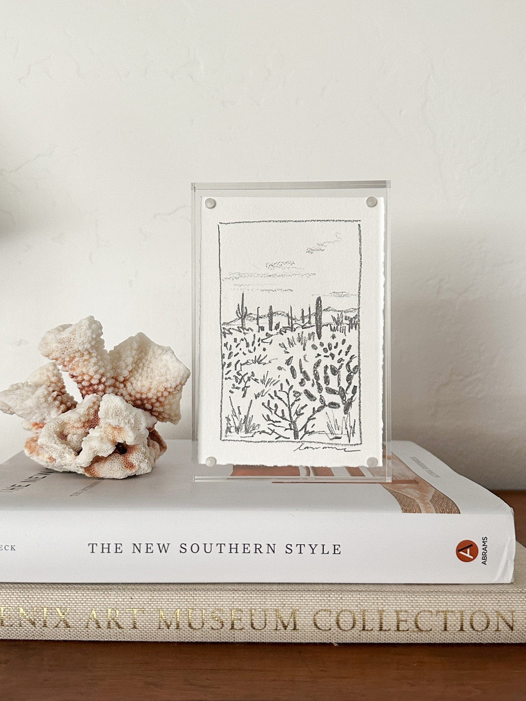 Black and white desert landscape art in clear frame.