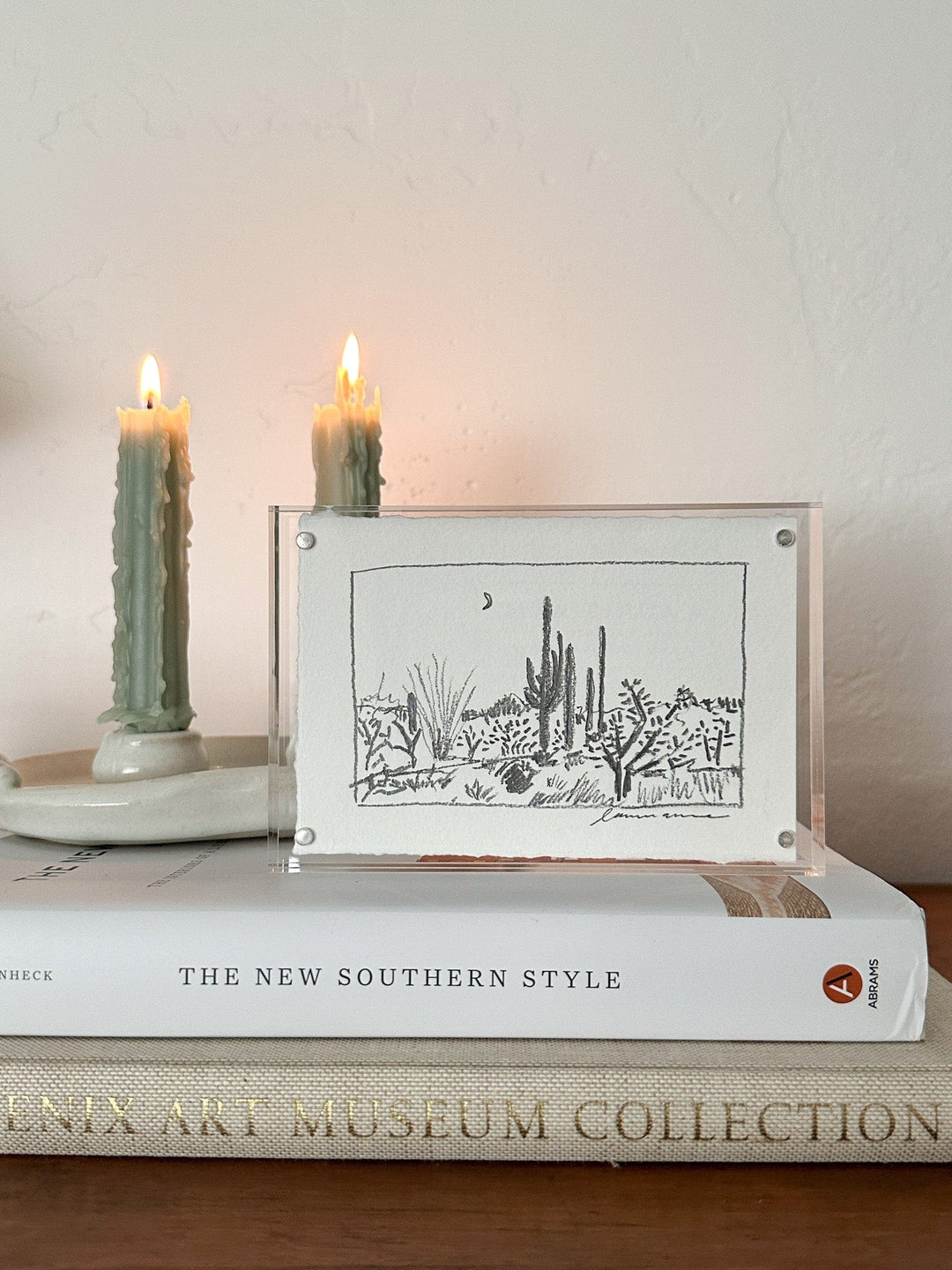 Artwork of cacti with candles and books.