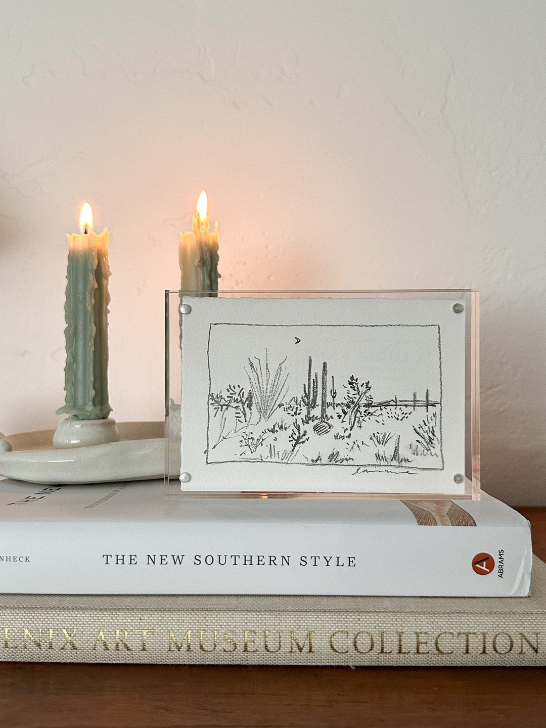 Black and white desert landscape art, candles, and books.