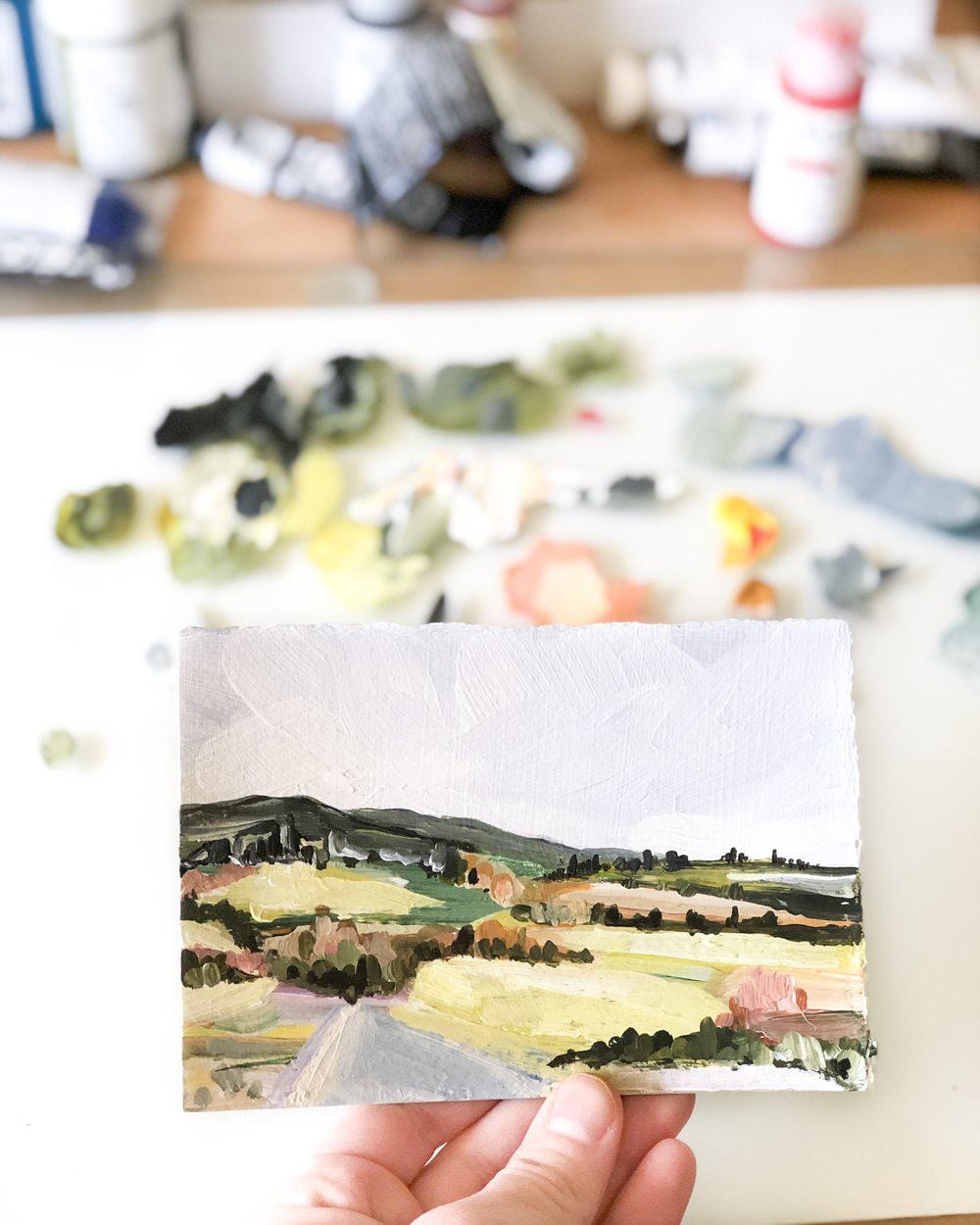 Landscape painting with paint supplies, IMG_8373