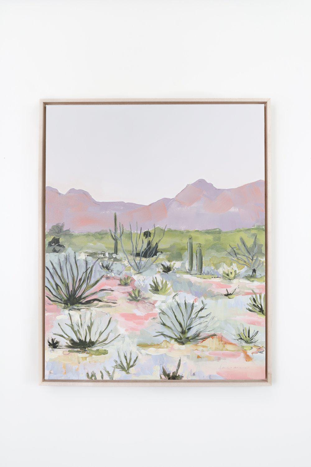 Dusty desert watercolor painting with cactus and mountains