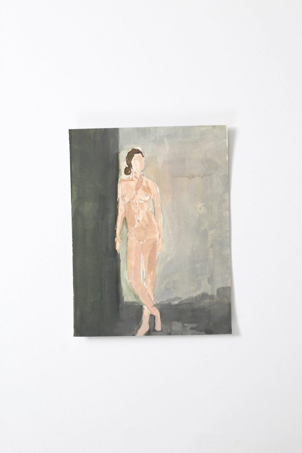 Painting of nude woman leaning on wall