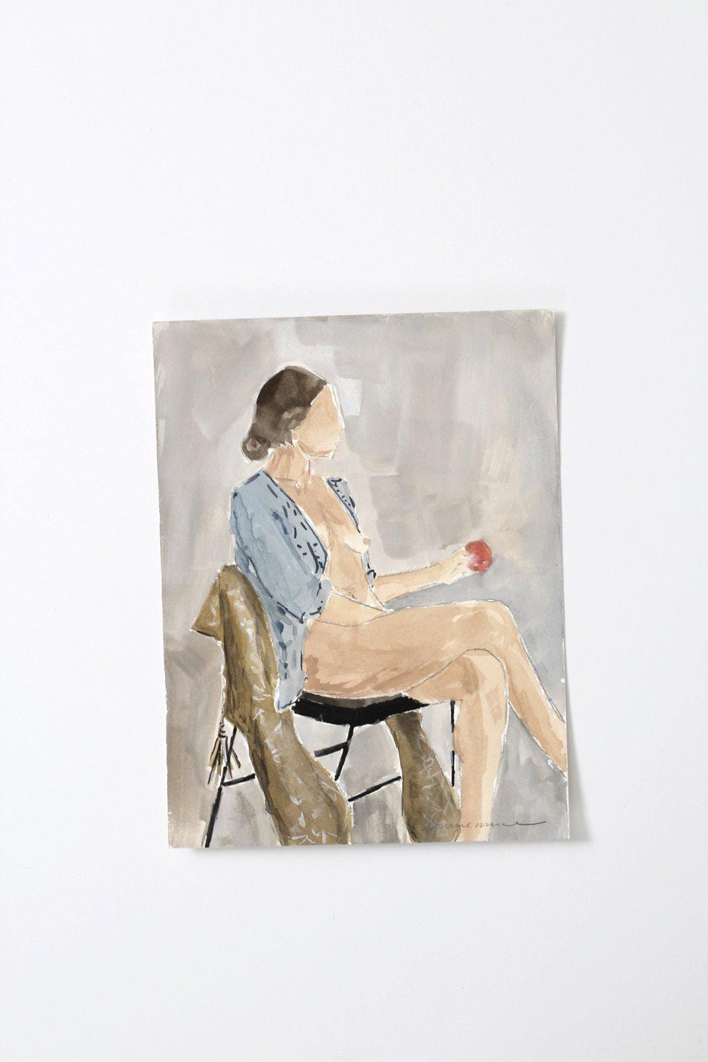 Watercolor painting of nude woman seated in chair