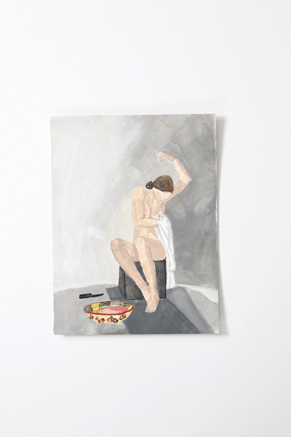 Watercolor painting of seated nude figure with bowl.