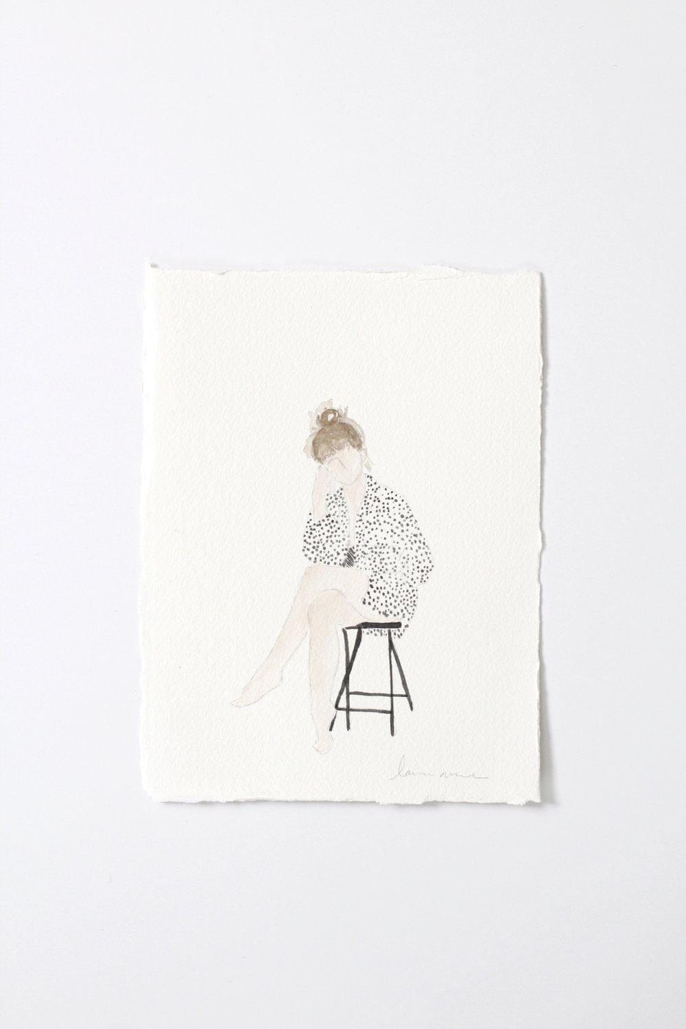 Watercolor painting of a woman sitting on a stool