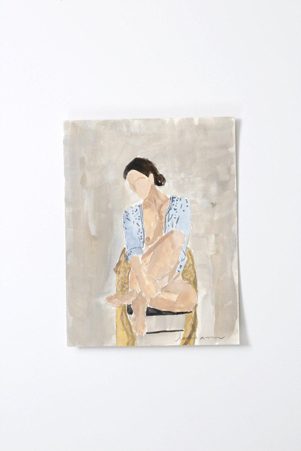 Watercolor painting of woman on chair
